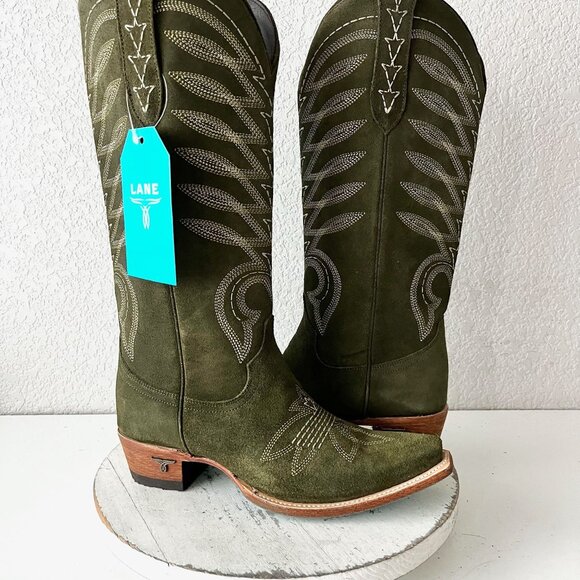 Lane SQUASH BLOSSUM Cowboy Boots Green Suede Western Cowgirl Mid Calf Size 8 - Picture 12 of 13